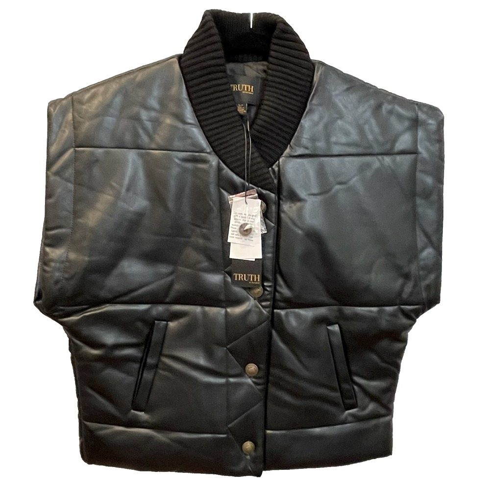 Truth by Republic Women's SP Faux Leather Cap Sleeve Quilted Puffer Jacket Vest